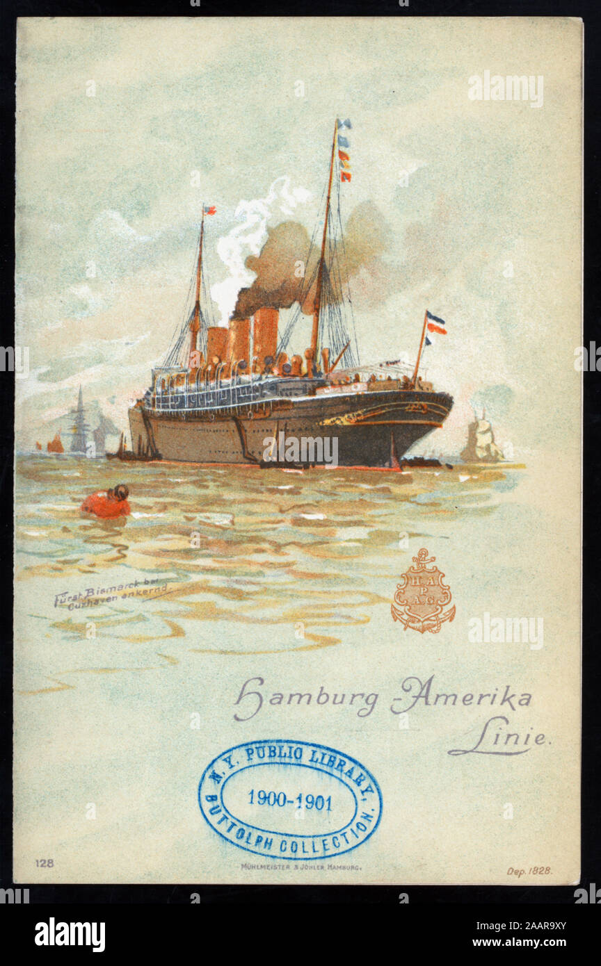 DINNER (held by) HAMBURG-AMERIKA LINIE (at) SS AUGUSTE VICTORIA (SS;) SHIPS AT SEA;MENU LISTED TWICE,IN ENGLISH AND GERMAN;MUSICAL PROGRAM;MUSICIAN PICTURED; 1901-0795; DINNER [held by] HAMBURG-AMERIKA LINIE [at] SS AUGUSTE VICTORIA (SS;) Stock Photo