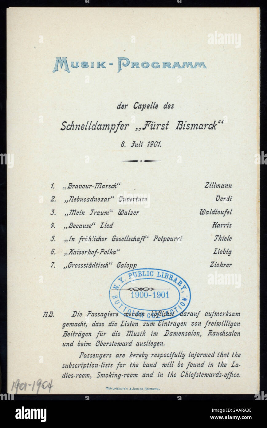 DINNER (held by) HAMBURG-AMERIKA LINIE (at) SS FURST BISMARCK (SS;) PASSENGERS ON DECK WITH LUGGAGE;  MENU IN GERMAN AND ENGLISH;  MUSICAL PROGRAM Citation/Reference: 1901-1904; DINNER [held by] HAMBURG-AMERIKA LINIE [at] SS FURST BISMARCK (SS;) Stock Photo