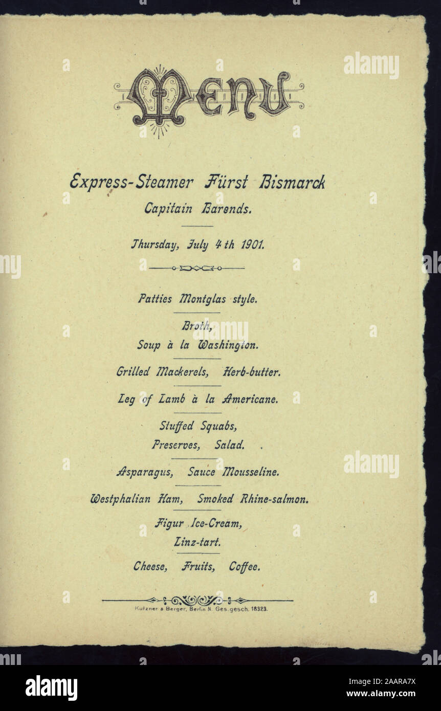 DINNER (held by) HAMBURG-AMERIKA LINIE - EXPRWSS-STEAMER FURST BISMARCK (at) EN ROUTE (SS) MENU IN GERMAN & ENGLISH; MUSIC PROGRAM INCLUDED; DINNER [held by] HAMBURG-AMERIKA LINIE - EXPRWSS-STEAMER FURST BISMARCK [at] EN ROUTE (SS) Stock Photo