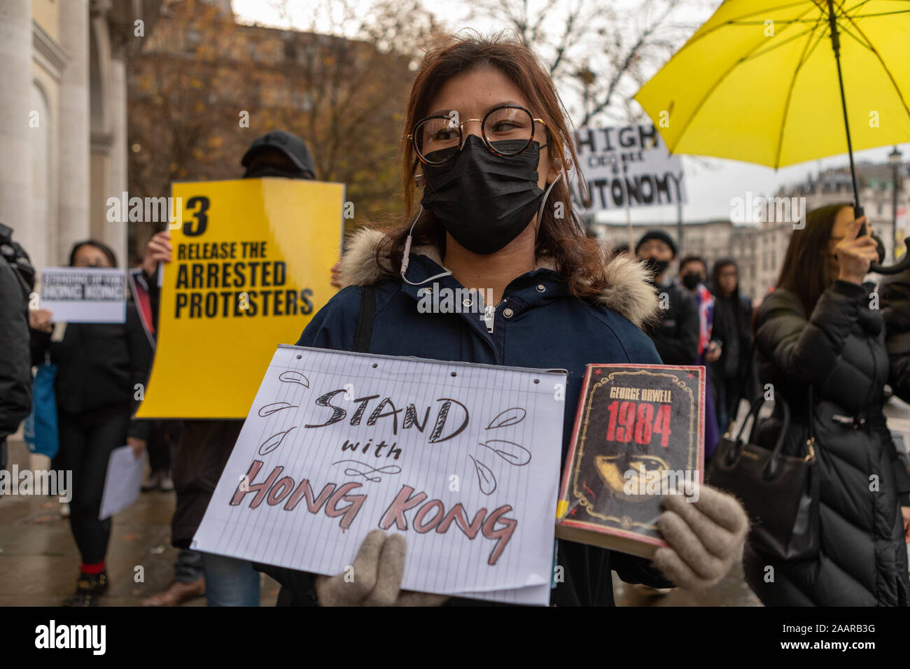 London, UK. 23rd Nov, 2019. Democracy for Hong Kong demonstration. The protesters are urging the UK Government to act on China's breaches of the Sino-British Joint Declaration, raise awareness of Hong Kong's humanitarian crisis and widespread injustices and erosion of autonomy in the city. Penelope Barritt/Alamy Live News Stock Photo
