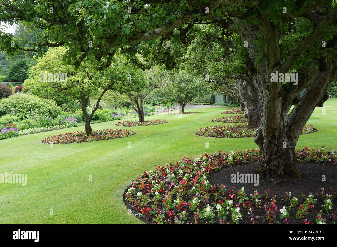 Park landscaped with trees and flowers Stock Photo