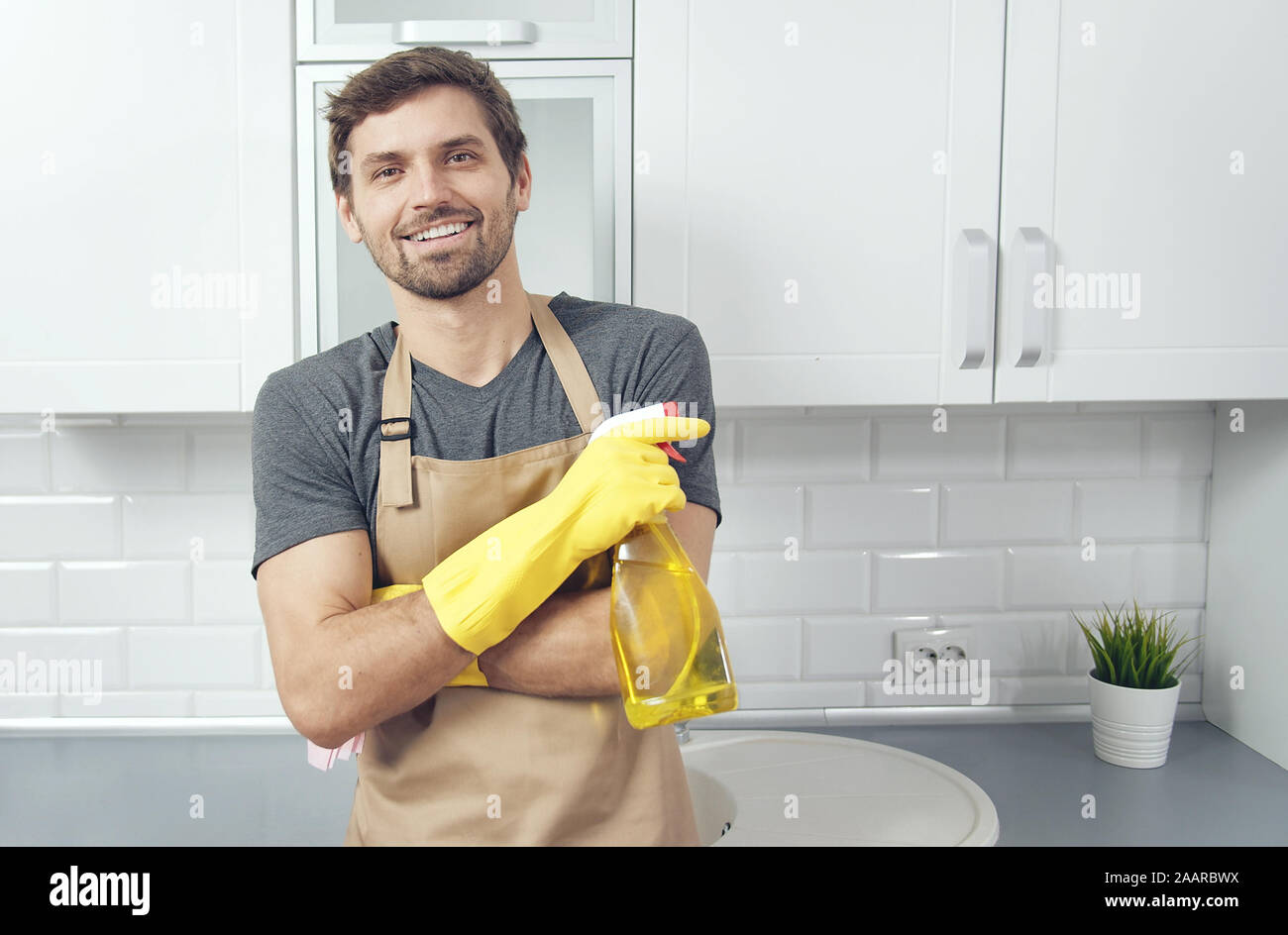 Portrait of young handsome man posing in an apron with a cleanser sprayer in the kitchen Stock Photo