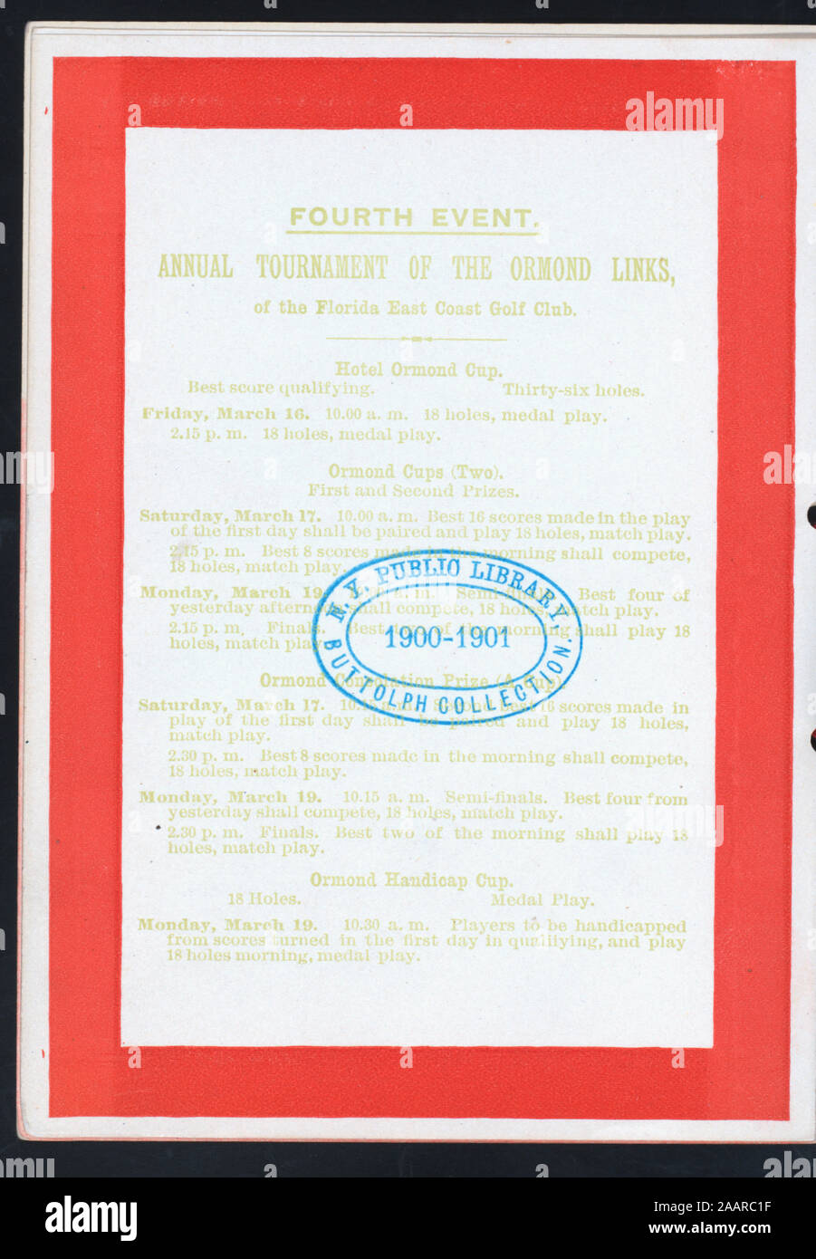 DINNER (held by) HOTEL ORMOND (at) ORMOND, FL (HOTEL;) FRONT COVER DIVIDED WITH DIAGONAL LINE OF GOLF BALLS AND TOWEL; UPPER HALF PALE YELLOW WITH CROSSED GOLF CLUBS IN UPPER LEFT CORNER; GOLF CUP FLAG IN UPPER RIGHT; CENTER, PALE BLUE FLAG WITH F.E.C.G.CLUB; WITH CROSSED FLAGS, AMERICAN ON LEFT, GREAT BRITAI; DINNER [held by] HOTEL ORMOND [at] ORMOND, FL (HOTEL;) Stock Photo