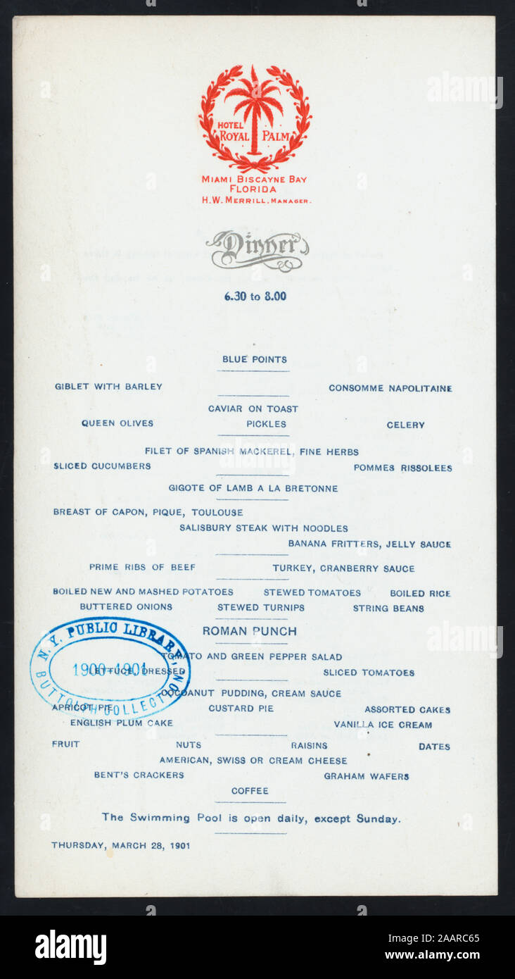 DINNER (held by) HOTEL ROYAL PALM (at) MIAMI BISCAYNE BAY,FL (HOTEL;) HOTEL EMBLEM;LIST OF FISH TO CATCH ON BACK 1901-0778; DINNER [held by] HOTEL ROYAL PALM [at] MIAMI BISCAYNE BAY,FL (HOTEL;) Stock Photo