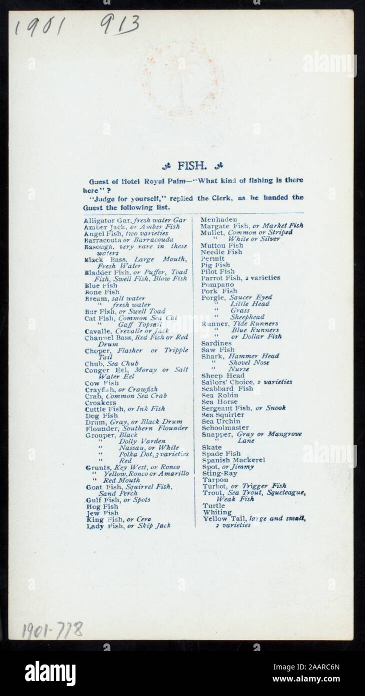DINNER (held by) HOTEL ROYAL PALM (at) MIAMI BISCAYNE BAY,FL (HOTEL;) HOTEL EMBLEM;LIST OF FISH TO CATCH ON BACK 1901-0778; DINNER [held by] HOTEL ROYAL PALM [at] MIAMI BISCAYNE BAY,FL (HOTEL;) Stock Photo
