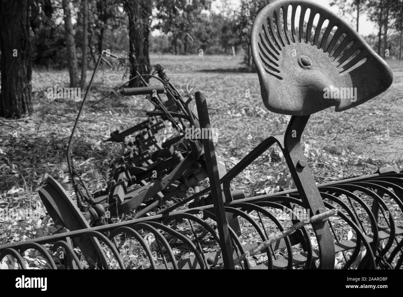 Old forgotten farm equipment in particular a field cultivator Stock Photo