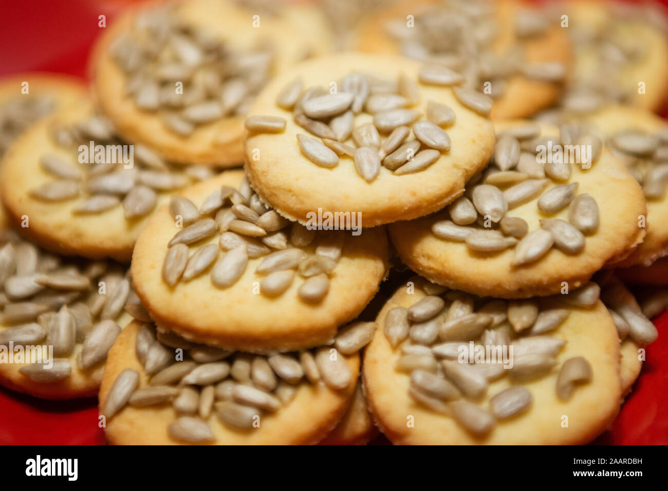 Home made cookies with sunflower seeds fresh out of the oven, served on a plate Stock Photo