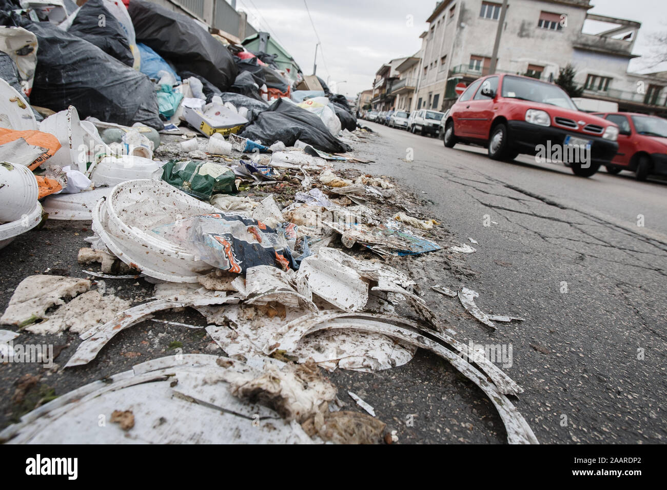 Caserta, Italy, February 21, 2008: Waste accumulates on a