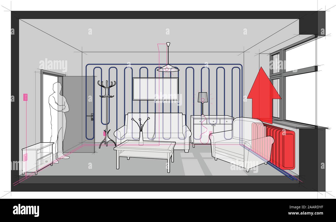 room with electric installations and wall cooling and radiator heating