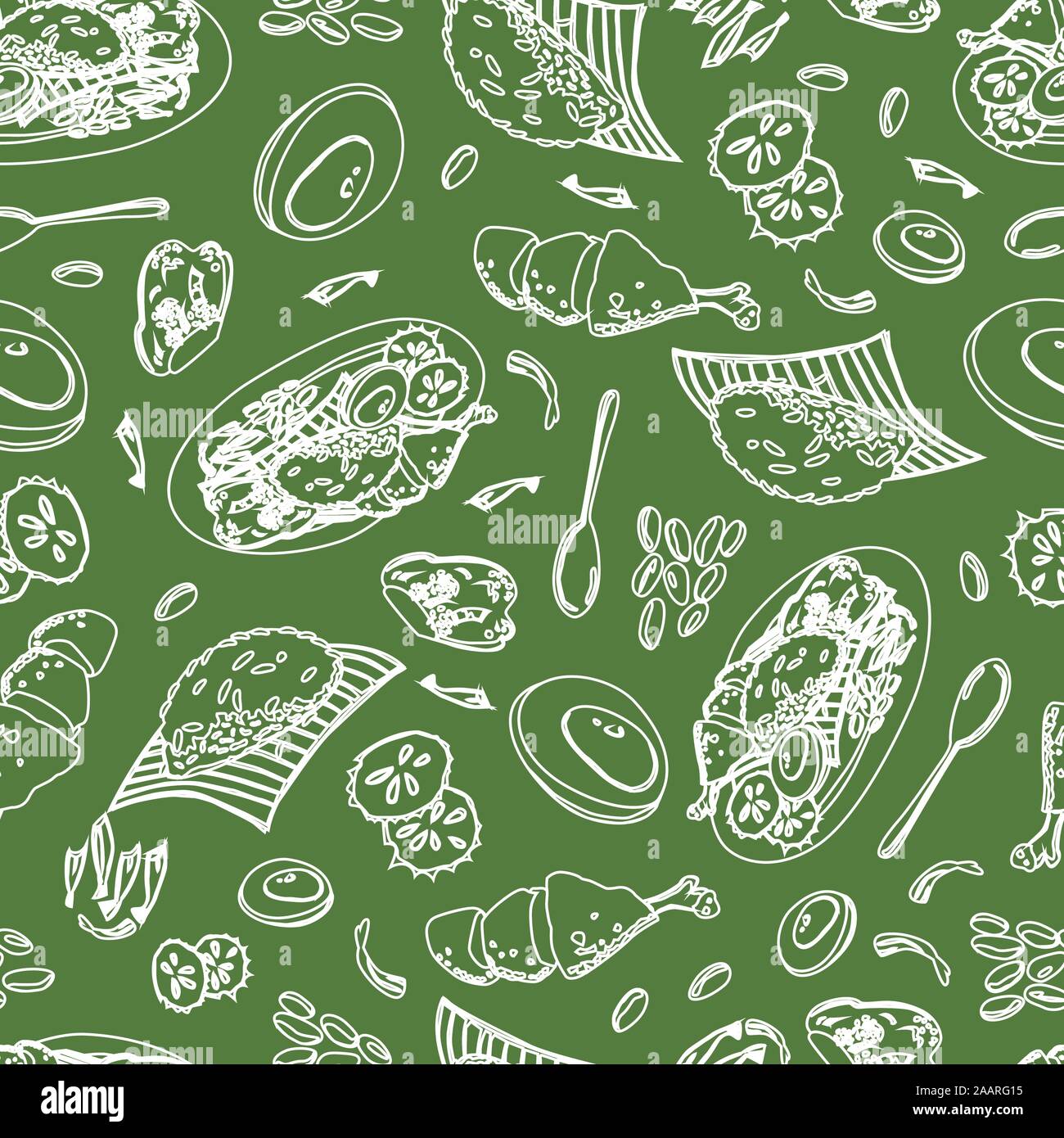 Vector green Malaysian food Nasi Lemak outlines single colour repeat pattern. Perfect for fabric, scrapbooking and wallpaper projects. Stock Vector