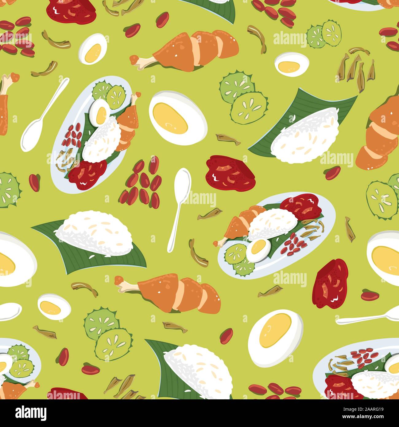 Vector colourful Malaysian food Nasi Lemak green repeat pattern. Perfect for fabric, scrapbooking and wallpaper projects. Stock Vector