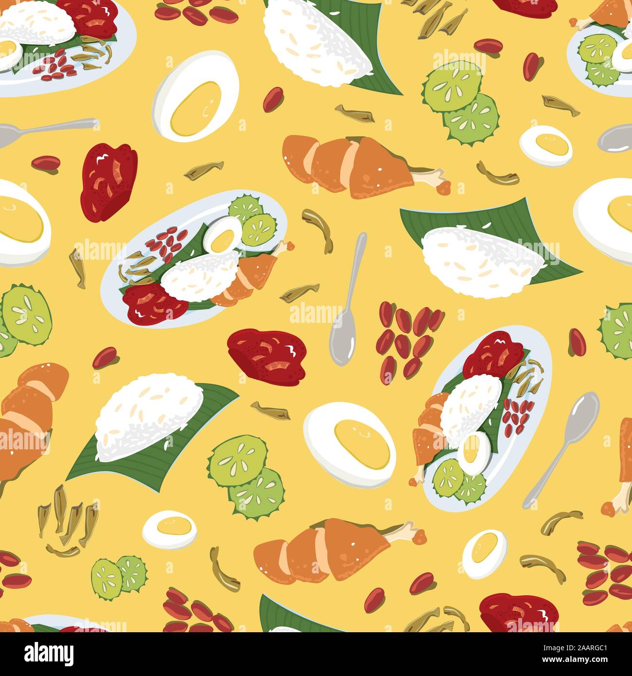 Vector colourful Malaysian food Nasi Lemak yellow repeat pattern. Perfect for fabric, scrapbooking and wallpaper projects. Stock Vector