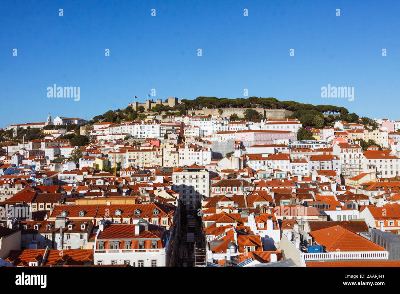 Lisbon, Portugal : Baixa downtown overview towards Sao Jorge Castle as seen from the Santa Justa elevator. Stock Photo