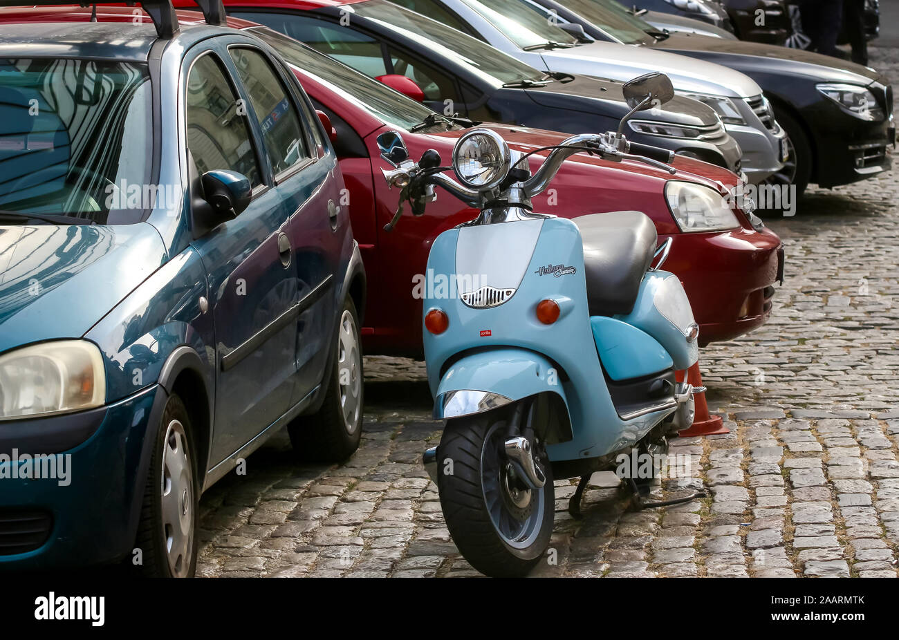 Bucharest, Romania - November 07, 2019: An Aprilia Habana Custom scooter is seen in front of several cars parked on a street in Bucharest. Stock Photo