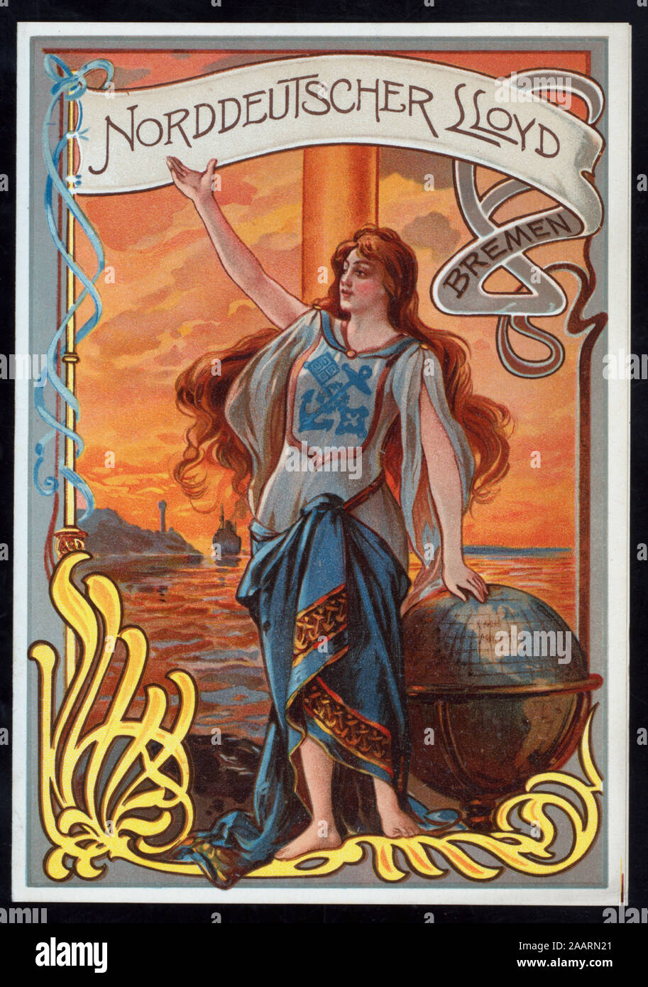 Dinner Held By Norddeutscher Lloyd Bremen At Ss Friedrich Der Grosse Ss Woman With Hand On Globe With Sea Ad Coast In Background Art Nouveau Design Dancers On Back Cover Musical Program Menus