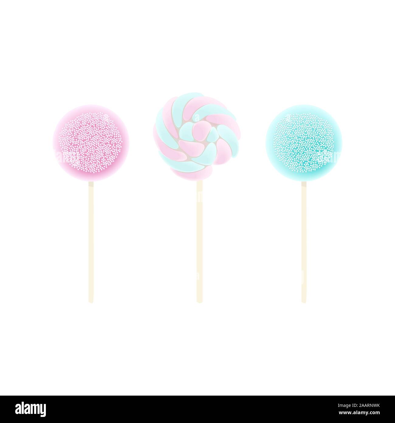 Three Lollipops pink, blue, Rainbow swirl set isolated on white. icing