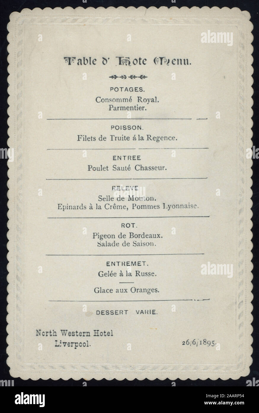 DINNER (held by) NORTH WESTERN HOTEL (at) LIVERPOOL (ENGLAND) (HOTEL;) FRENCH; DINNER [held by] NORTH WESTERN HOTEL [at] LIVERPOOL [ENGLAND?} (HOTEL;) Stock Photo