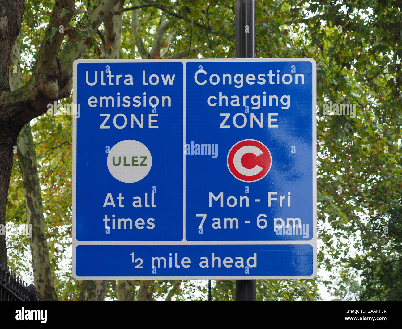 ULEZ (Ultra low emission zone at all times) and C (Congestion charging zone) signs in London, UK Stock Photo