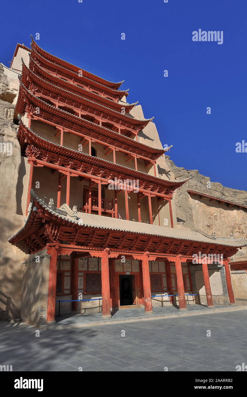 9 story high wooden porch of cave 96-Mogao Buddhist caves-Dunhuang-Gansu province-China-0602 Stock Photo