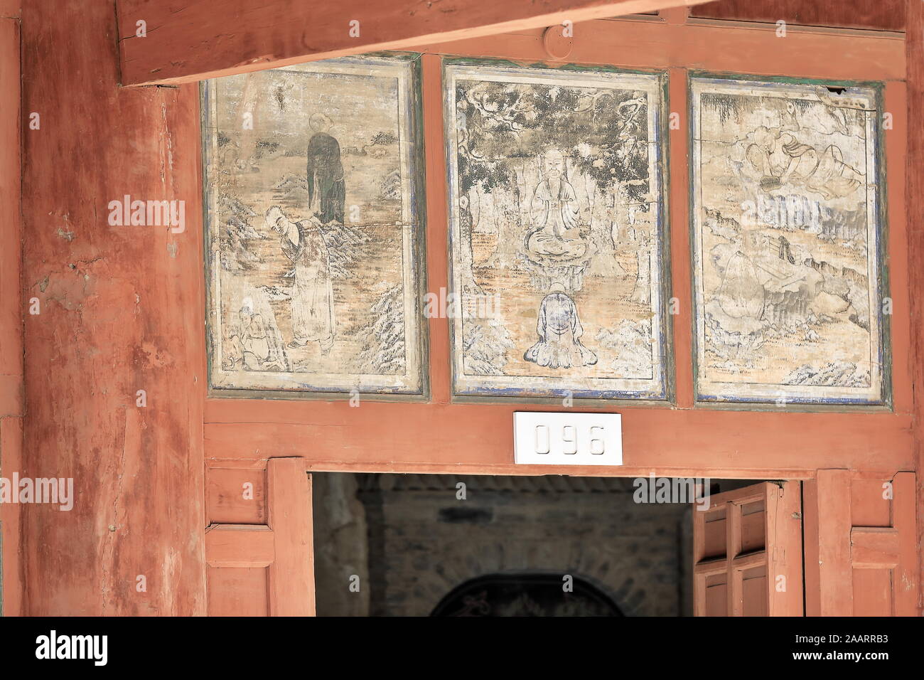 Panels depicting Buddhist scenes-9 storied wooden porch Mogao Cave 96-Dunhuang-Gansu-China-0603 Stock Photo