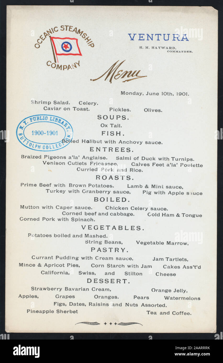 DINNER (held by) OCEANIC STEAMSHIP CO - VENTURA (at) EN ROUTE (SS) 1901 ...