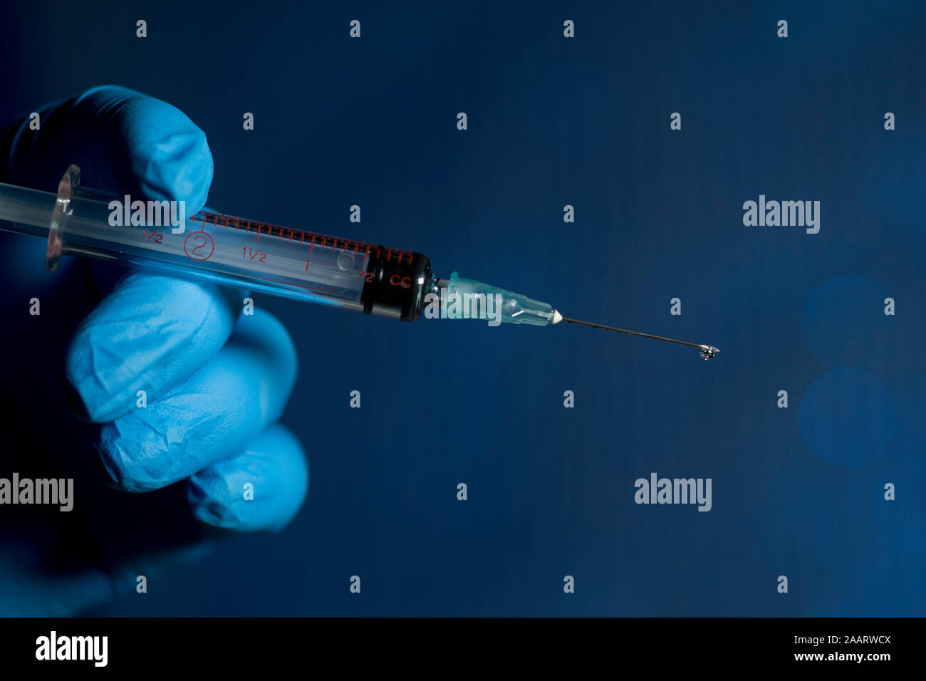 Hypodermic needle with droplet held by gloved hand on dark blue. Stock Photo