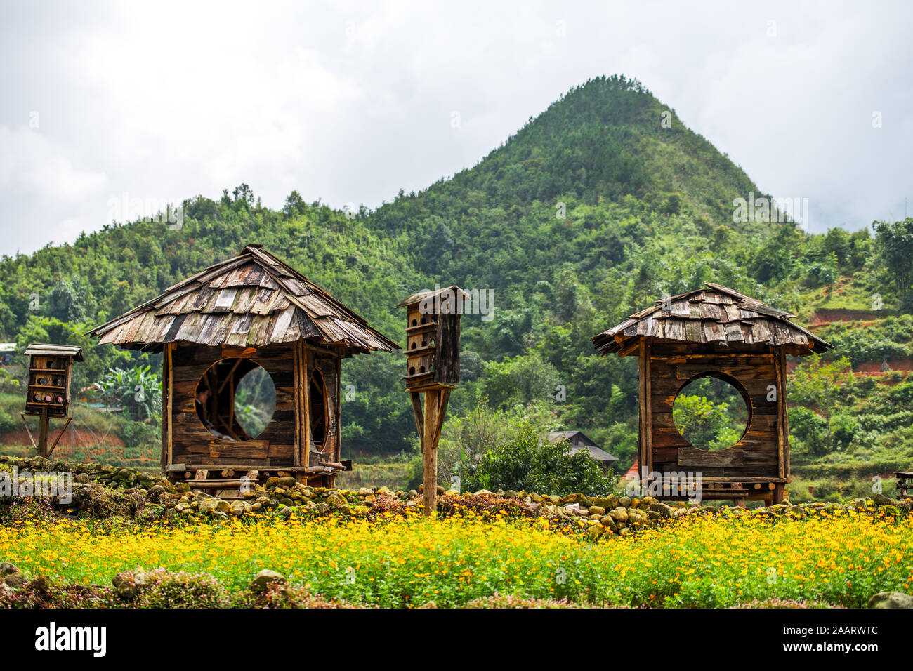 Big wooden huts used for resting and sleeping whilst admiring the stunning views from Cat Cat village in North Vietnam, near Sapa Stock Photo