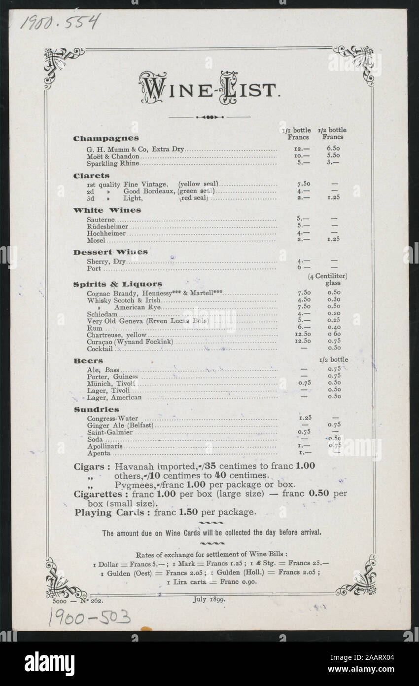 DINNER (held by) RED STAR LINE (at) EN ROUTE ABOARD SS FRIESLAND (SS;) PRICED WINE LIST WITH RATES OF EXCHANGE FROM FRANCS TO OTHER CURRENCIES; SHIP AND GULLS ILLUSTRATION; HANDWRITTEN 1900-0503; DINNER [held by] RED STAR LINE [at] EN ROUTE ABOARD S.S. FRIESLAND (SS;) Stock Photo