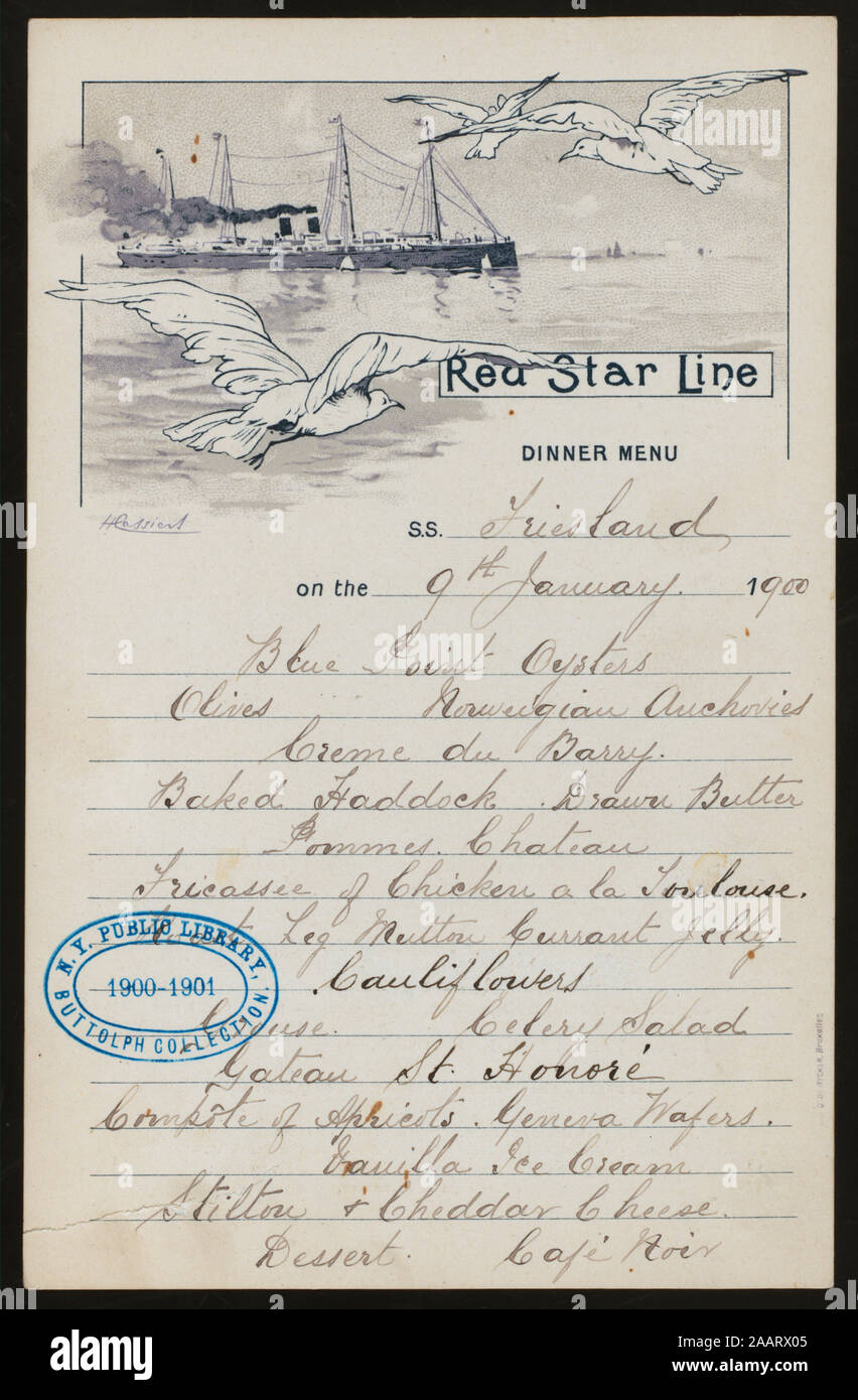 DINNER (held by) RED STAR LINE (at) EN ROUTE ABOARD SS FRIESLAND (SS;) HANDWRITTEN; PRICED WINE LIST PRICED IN FRANCS; RATES OF EXCHANGE FOR SETLEMENT OF WINE BILL ARELISTED 1900-0084; DINNER [held by] RED STAR LINE [at] EN ROUTE ABOARD SS FRIESLAND (SS;) Stock Photo