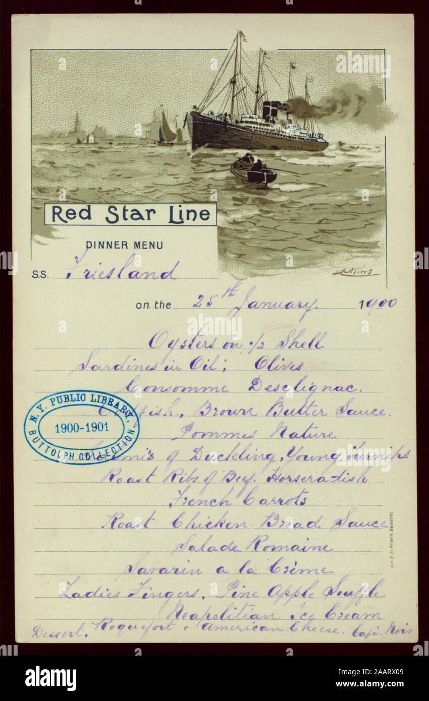 DINNER (held by) RED STAR LINE (at) EN ROUTE ABOARD SS FRIESLAND (SS;) SHIP AND ROW BOAT ILLUSTRATION; HANDWRITTEN; PRINTED WINE LIST SITH RATES OF EXCHANGE FROM FRANCS TO OTHER CURRENCIES 1900-0505; DINNER [held by] RED STAR LINE [at] EN ROUTE ABOARD S.S. FRIESLAND (SS;) Stock Photo