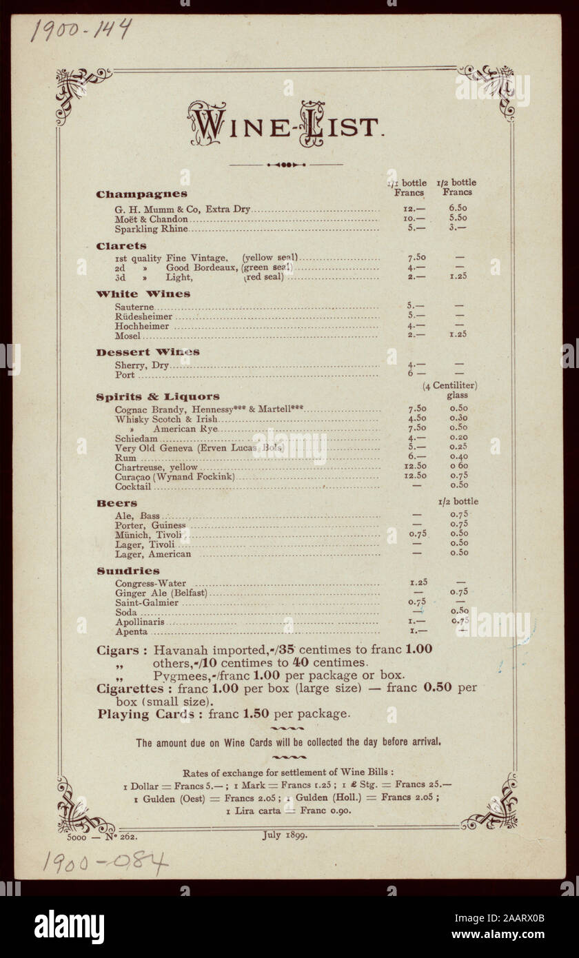 DINNER (held by) RED STAR LINE (at) EN ROUTE ABOARD SS FRIESLAND (SS;) HANDWRITTEN; PRICED WINE LIST PRICED IN FRANCS; RATES OF EXCHANGE FOR SETLEMENT OF WINE BILL ARELISTED 1900-0084; DINNER [held by] RED STAR LINE [at] EN ROUTE ABOARD SS FRIESLAND (SS;) Stock Photo