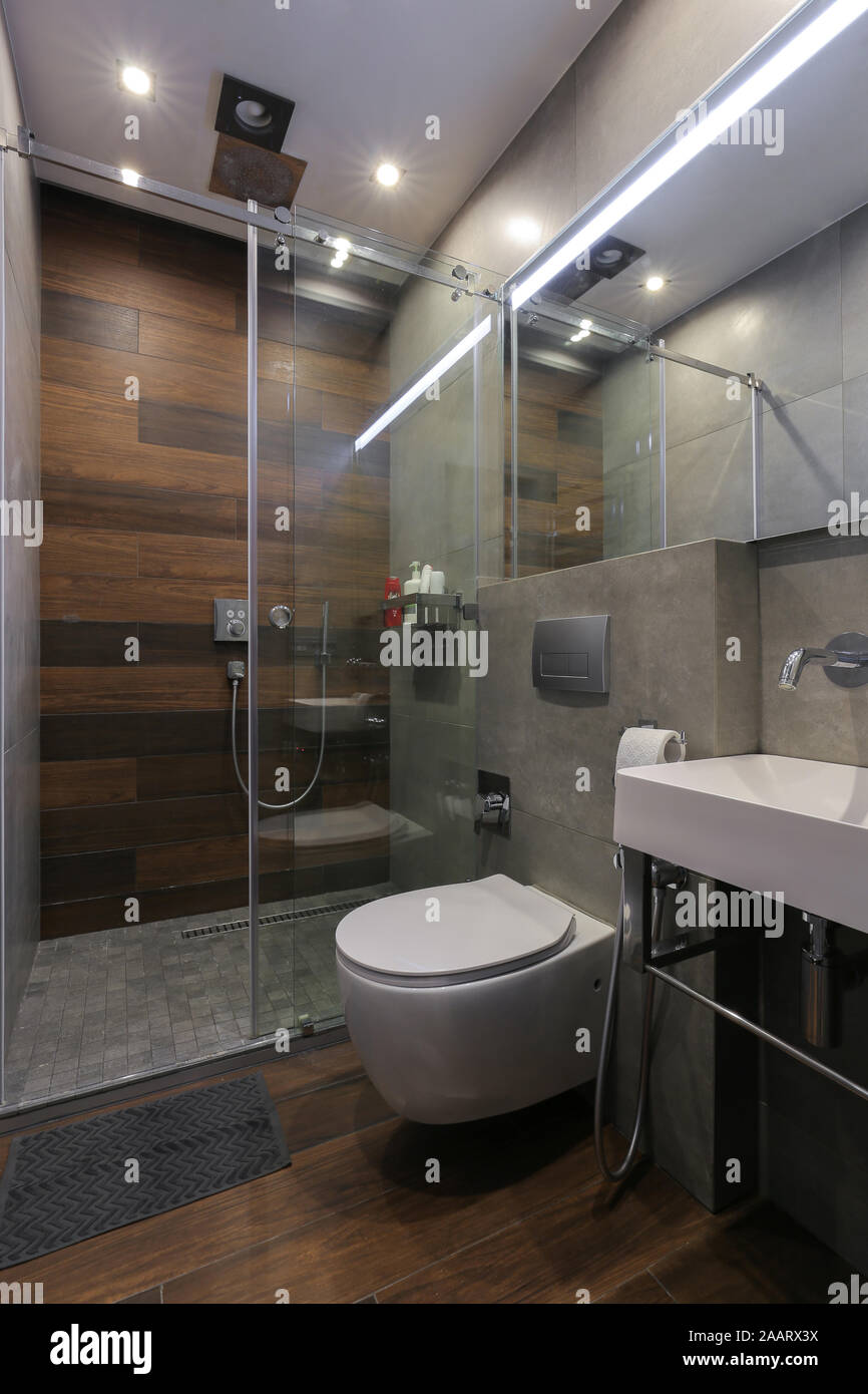 Modern bathroom interior in gray and brown color Stock Photo - Alamy