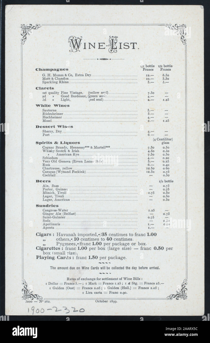 DINNER (held by) RED STAR LINE (at) EN ROUTE ABOARD SS WESTERNLAND (SS;) HANDWRITTEN; WINE LIST PRICED IN FRANCS WITH RATE OF EXCHANGE;WOMEN  AND CHILD IN DUTCH DRESS LOOKING OUT TO  SEA 1900-2320; DINNER [held by] RED STAR LINE [at] EN ROUTE ABOARD S.S. WESTERNLAND (SS;) Stock Photo