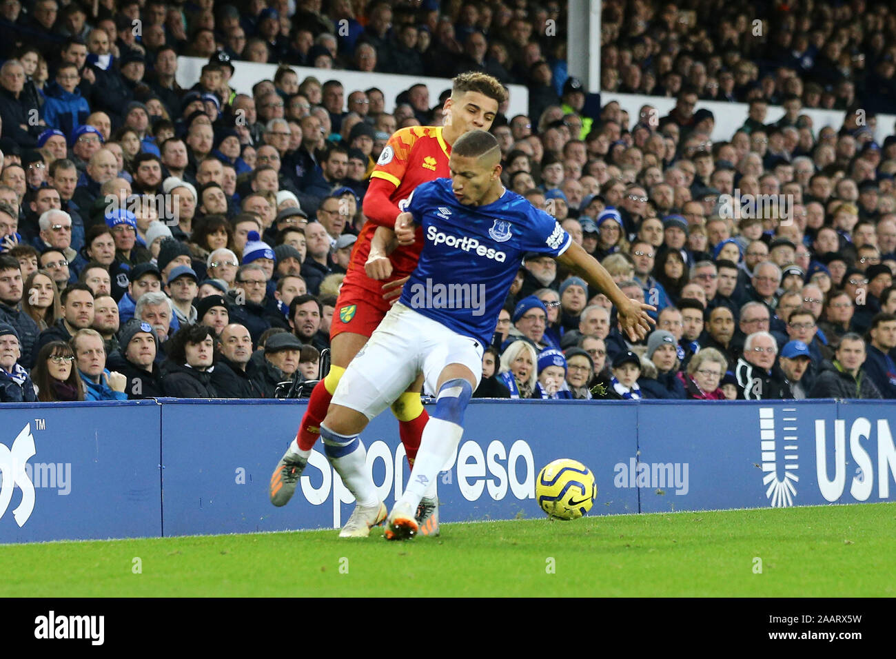 Liverpool Uk 23rd Nov 2019 Max Aarons Of Norwich City And Richarlison Of Everton Battle For