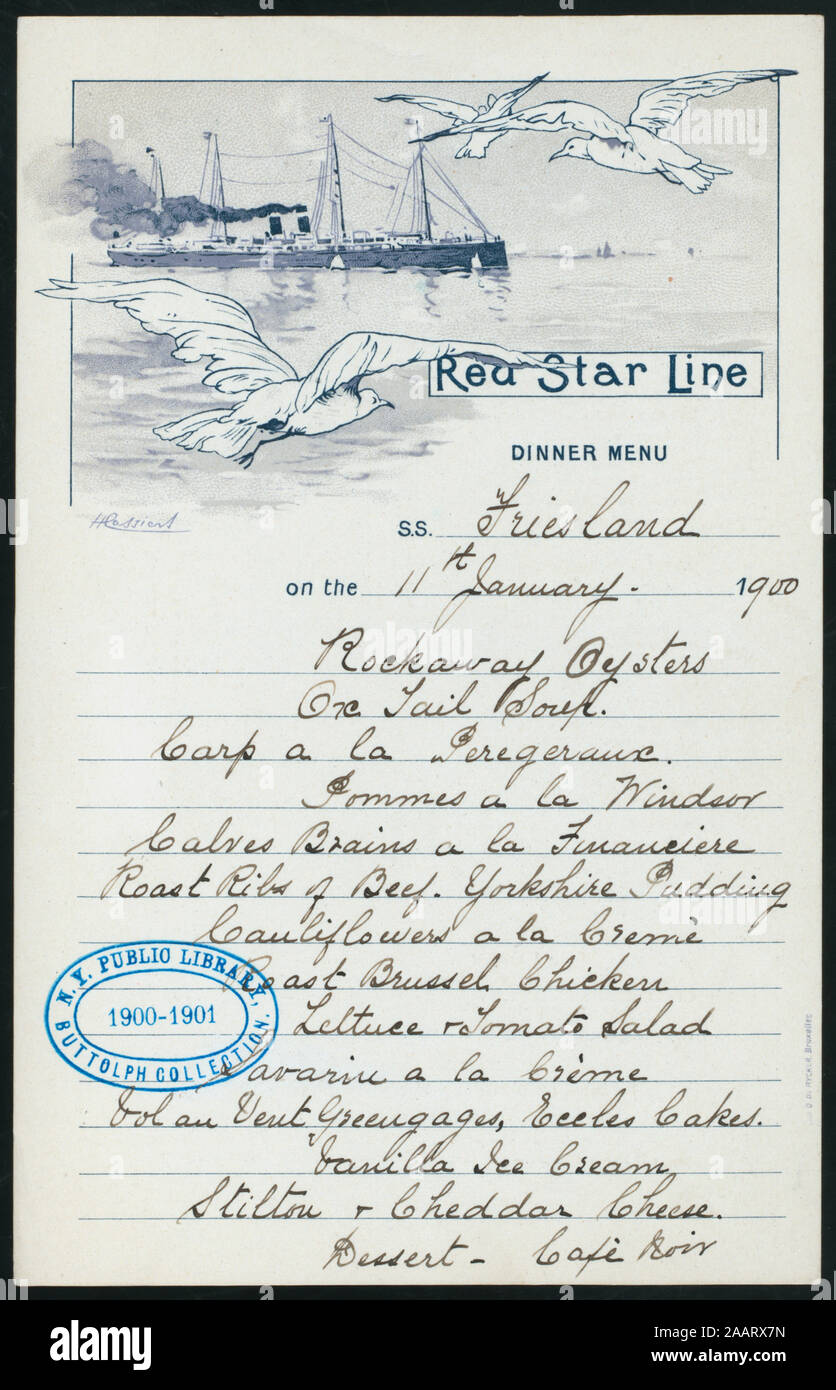 DINNER (held by) RED STAR LINE (at) SS FRIESLAND (SS;) HANDWRITTEN; SEA SCENE AT TOP OF MENU; PRICED WINE LIST IN FRANCS ON BACK OF MENU; DINNER [held by] RED STAR LINE [at] S.S. FRIESLAND (SS;) Stock Photo