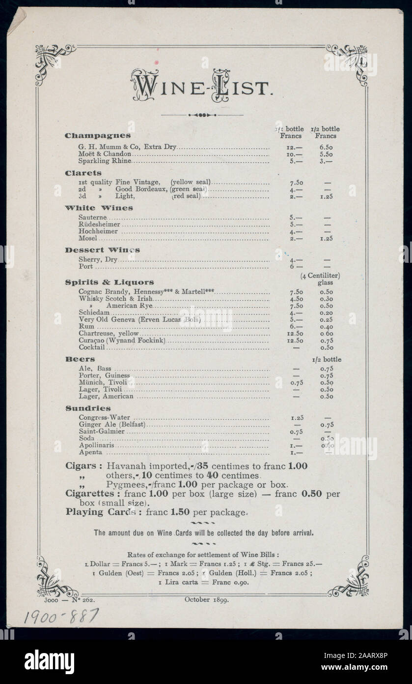 DINNER (held by) RED STAR LINE (at) SS WESTERNLAND (SS;) ILLUS, STEAMSHIP IN BG, GULLS IN FG; WINE LIST PRICED IN FRANCS; RATES OF EXCHANGE IN DOLLARS, MARKS, POUND STERLING, GULDENS, AND LIRA; 1900-0887; DINNER [held by] RED STAR LINE [at] SS WESTERNLAND (SS;) Stock Photo