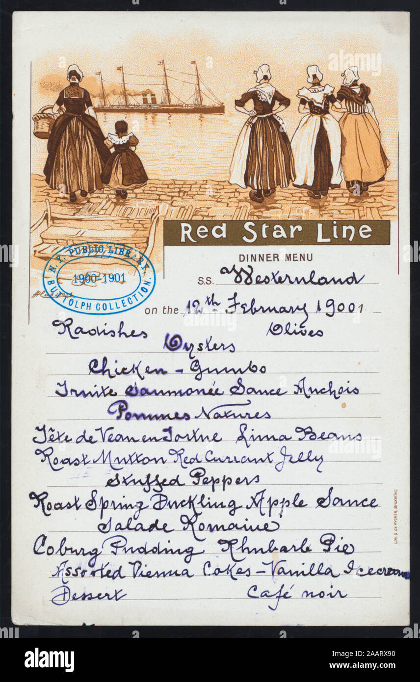 DINNER (held by) RED STAR LINE (at) SS WESTERNLAND (SS;) ILLUS, STEAMSHIP IN BG, GROUP OF THREE LADIES IN DUTCH COSTUME ON RIGHT, LADY AND YOUNG GIRL IN DUTCH COSTUME ON LEFT; WINE LIST PRICED IN FRANCS; RATES OF EXCHANGE IN DOLLARS, MARKS, AND POUNDS STERLING; 1900-0995; DINNER [held by] RED STAR LINE [at] SS WESTERNLAND (SS;) Stock Photo