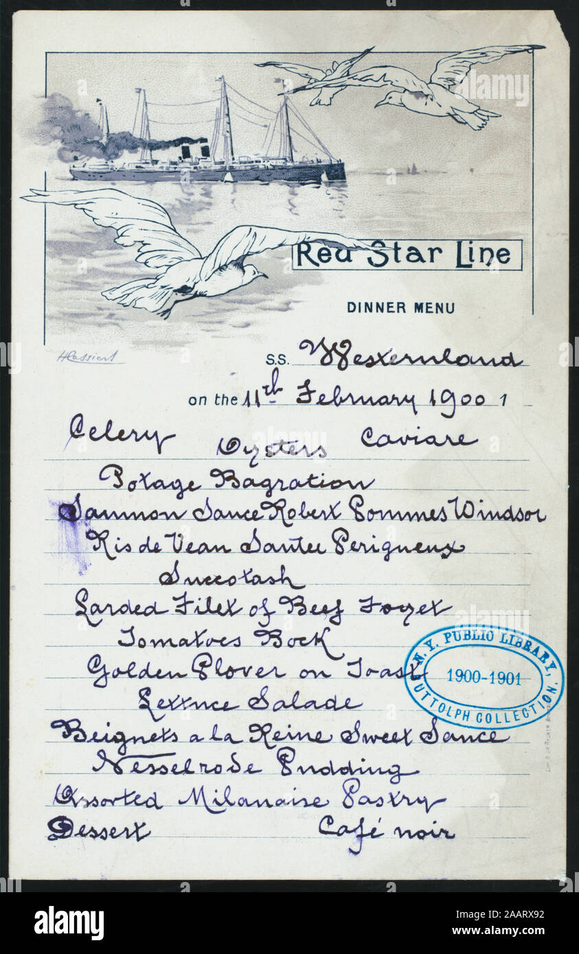 DINNER (held by) RED STAR LINE (at) SS WESTERNLAND (SS;) ILLUS, STEAMSHIP IN BG, GULLS IN FG; WINE LIST PRICED IN FRANCS; RATES OF EXCHANGE IN DOLLARS, MARKS, POUND STERLING, GULDENS, AND LIRA; 1900-0887; DINNER [held by] RED STAR LINE [at] SS WESTERNLAND (SS;) Stock Photo