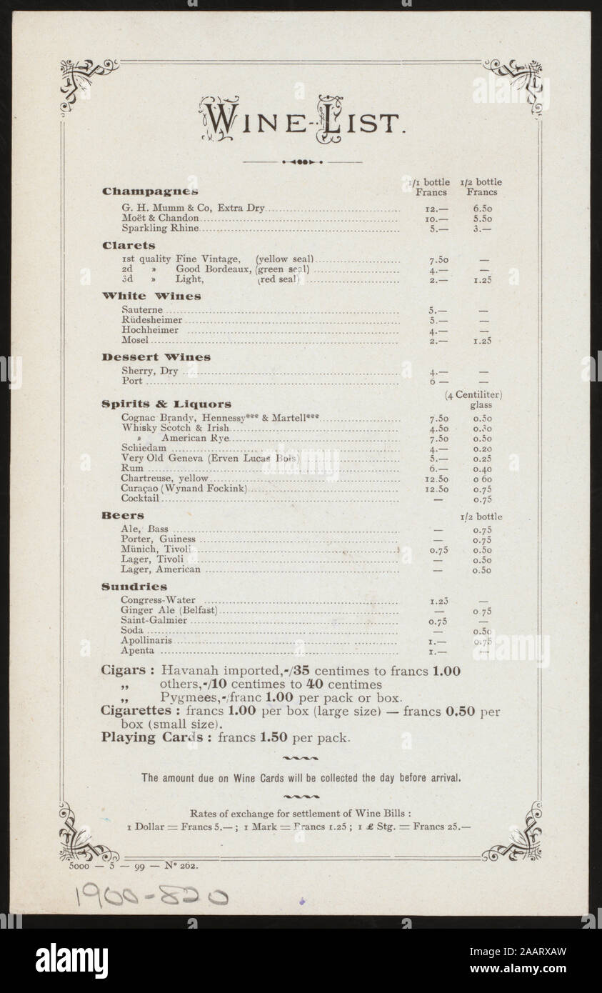 DINNER (held by) RED STAR LINE (at) SS WESTERNLAND, EN ROUTE (SS) ALL ITEMS HANDWRITTEN; WINE LIST ON BACK; PRICES IN FRENCH FRANCS & RATE OF EXCHANGE INCLUDED; DINNER [held by] RED STAR LINE [at] SS WESTERNLAND, EN ROUTE (SS) Stock Photo