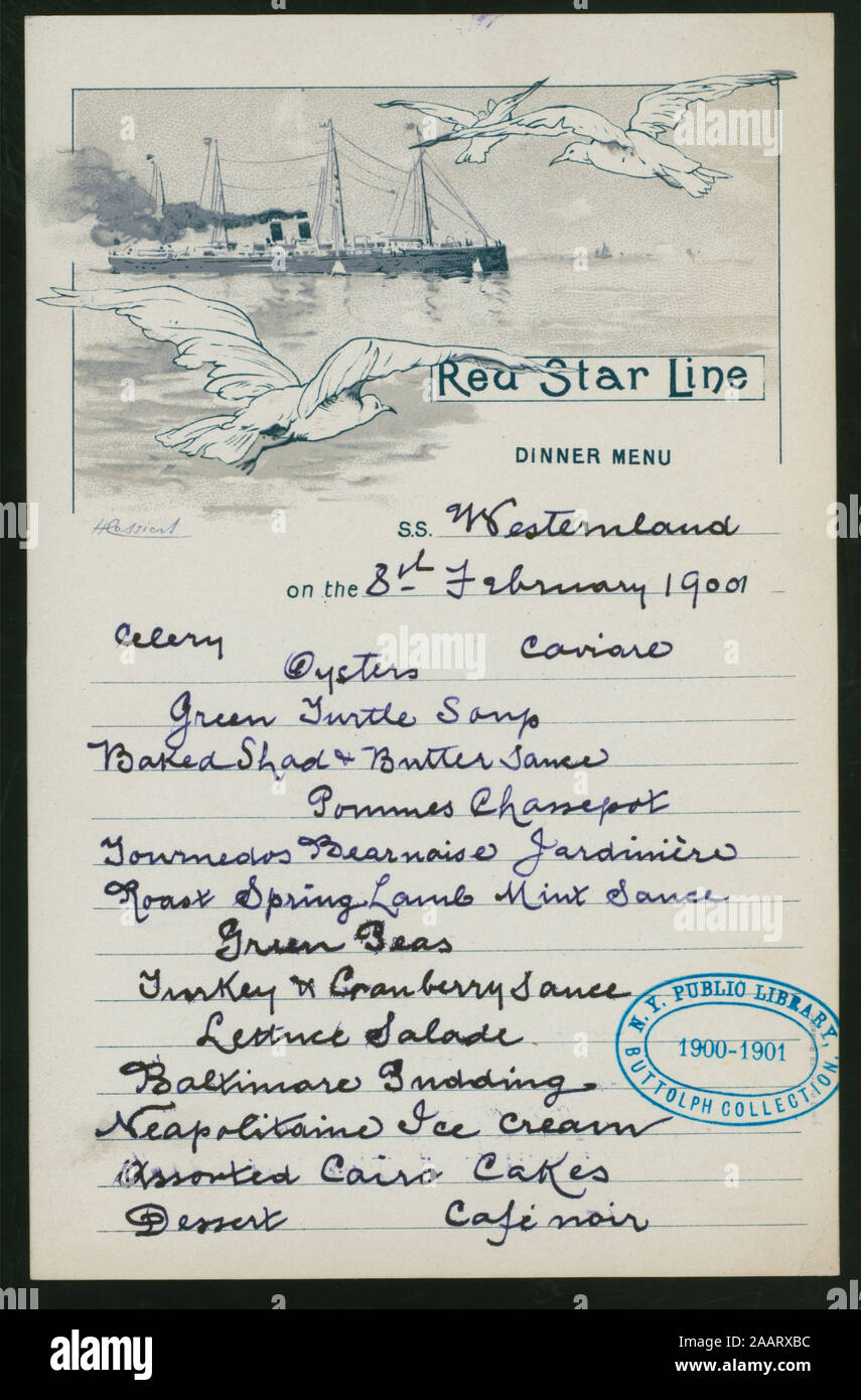 DINNER (held by) RED STAR LINE (at) SS WESTERNLAND, EN ROUTE (SS) ALL ITEMS HANDWRITTEN; WINE LIST ON BACK; PRICES IN FRENCH FRANCS & RATE OF EXCHANGE INCLUDED; DINNER [held by] RED STAR LINE [at] SS WESTERNLAND, EN ROUTE (SS) Stock Photo