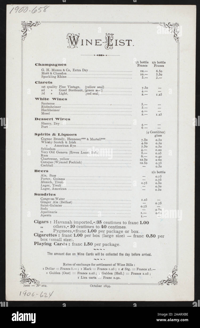 DINNER (held by) RED STAR LINE (at) SS- FRIESLAND (SS;) ILLUS, STEAMSHIP SURROUNDED BY SAILING SHIPS AND ROW BOAT; PRICED WINE LIST ON REVERSE; PRICES QUOTED IN FRANCS; RATES OF EXCHANGE GIVEN;; DINNER [held by] RED STAR LINE [at] SS: FRIESLAND (SS;) Stock Photo