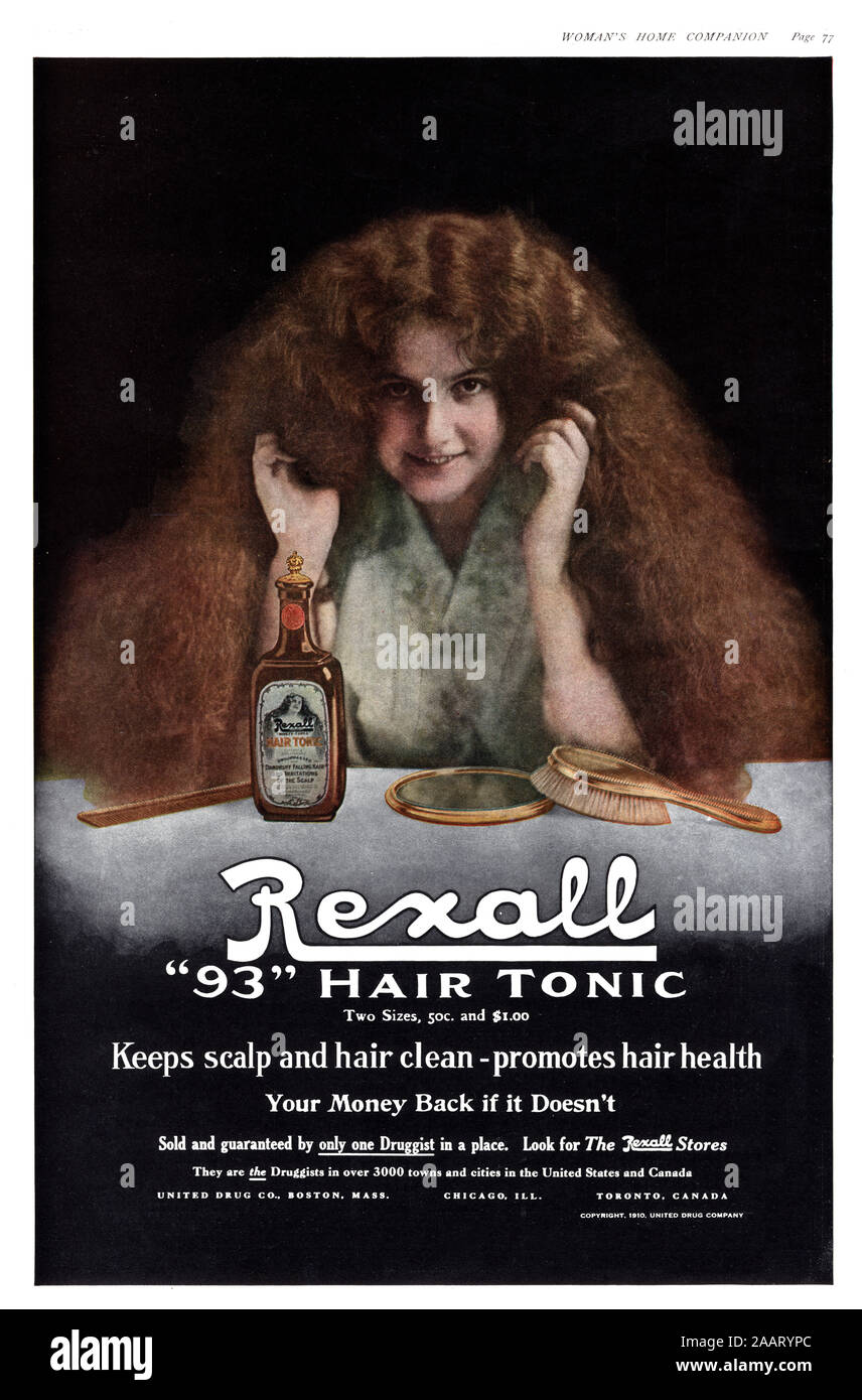 'Rexall 93 hair tonic' - hi-res (A3+) retouched and revived hair product advertisement taken from 1911 magazine Stock Photo