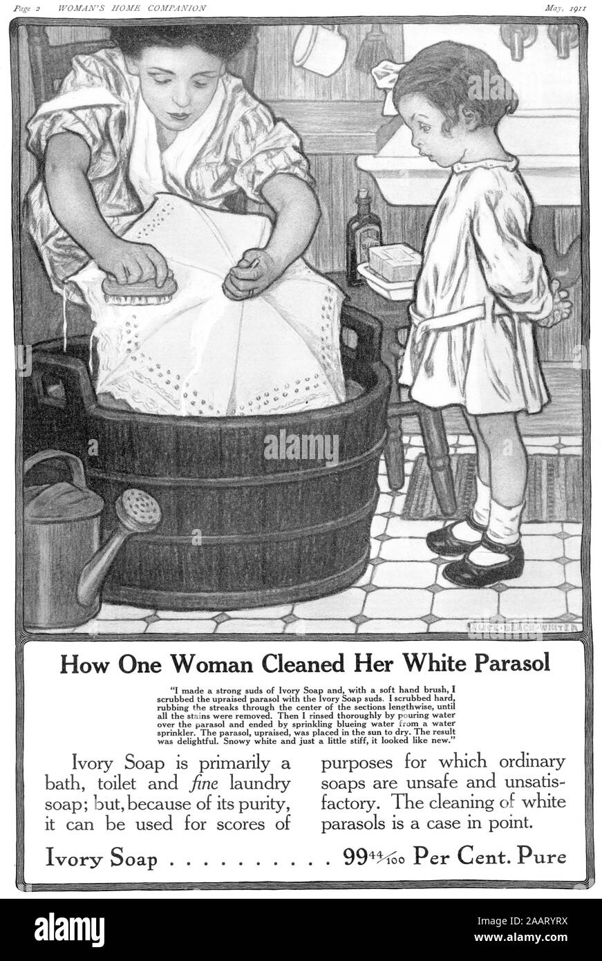 'How one woman cleaned her Parasol' - hi-res (A3+) retouched and revived detergent advertisement taken from 1911 magazine Stock Photo