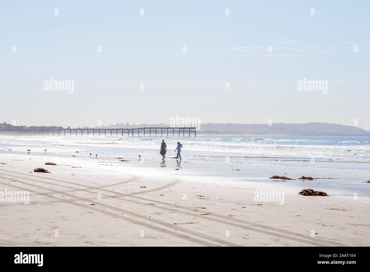 Tourmaline Beach on a November morning. San Diego, California, USA. Crystal Pier in the background. Stock Photo