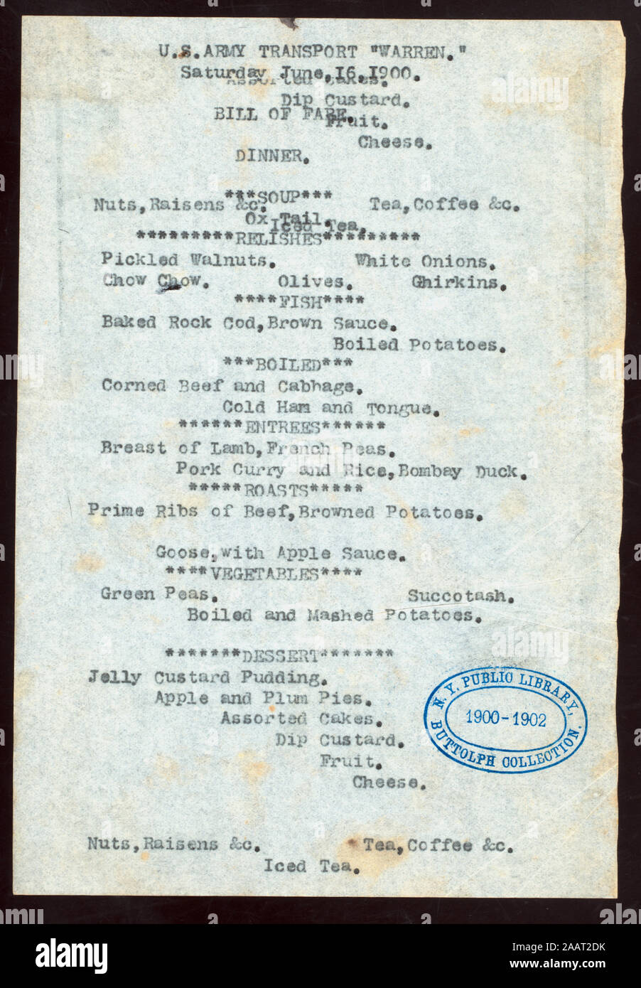 DINNER (held by) US ARMY TRANSPORT (at) WARREN (SS;) DINNER [held by] U ...
