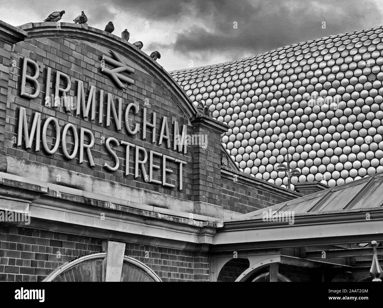 Historic Moor Street Railway Station, Birmingham, City Centre, West Midlands,England,UK, next to modern Bull Ring, Selfridges retail area BW Stock Photo