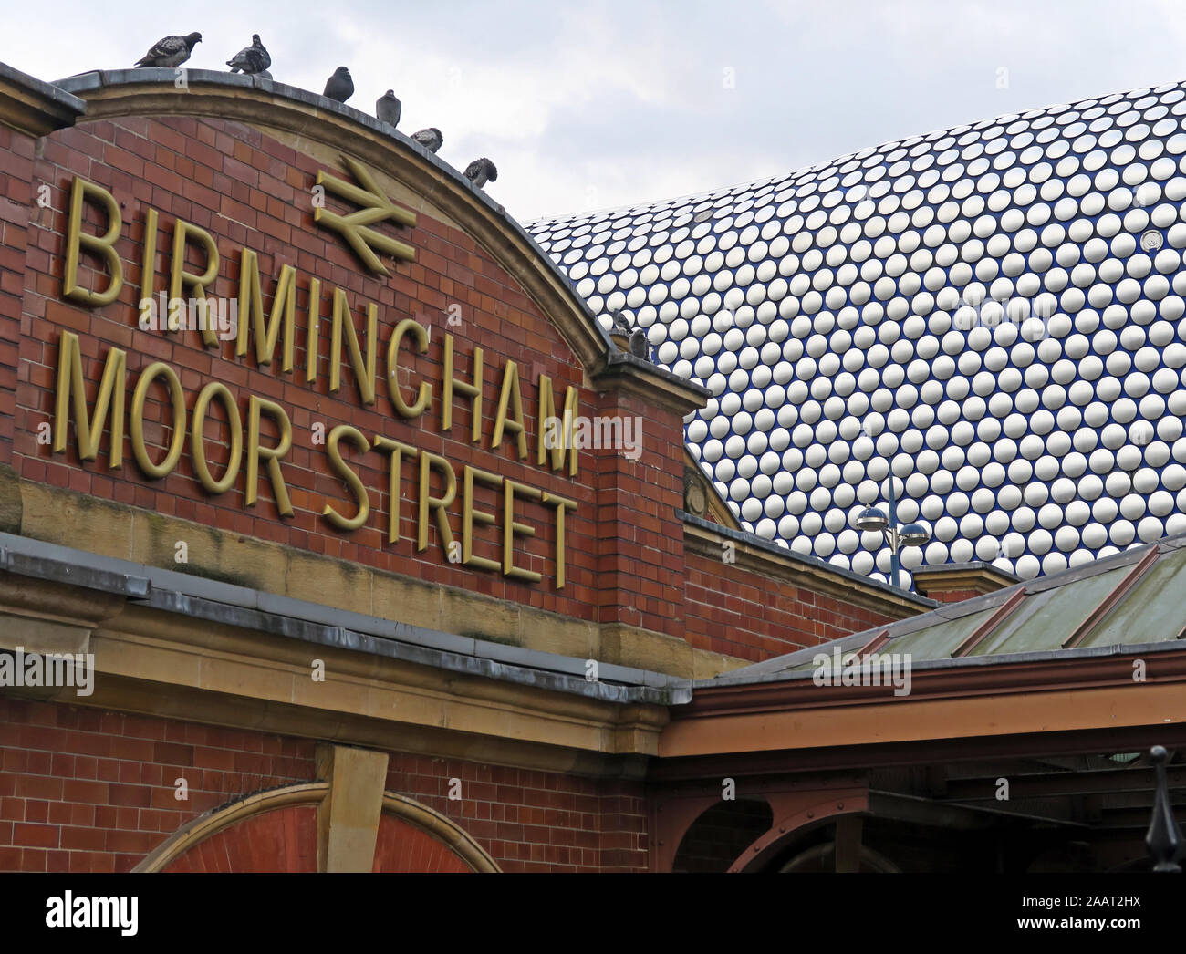 Historic Moor Street Railway Station, Birmingham, City Centre, West Midlands,England,UK, next to modern Bull Ring, Selfridges retail area Stock Photo