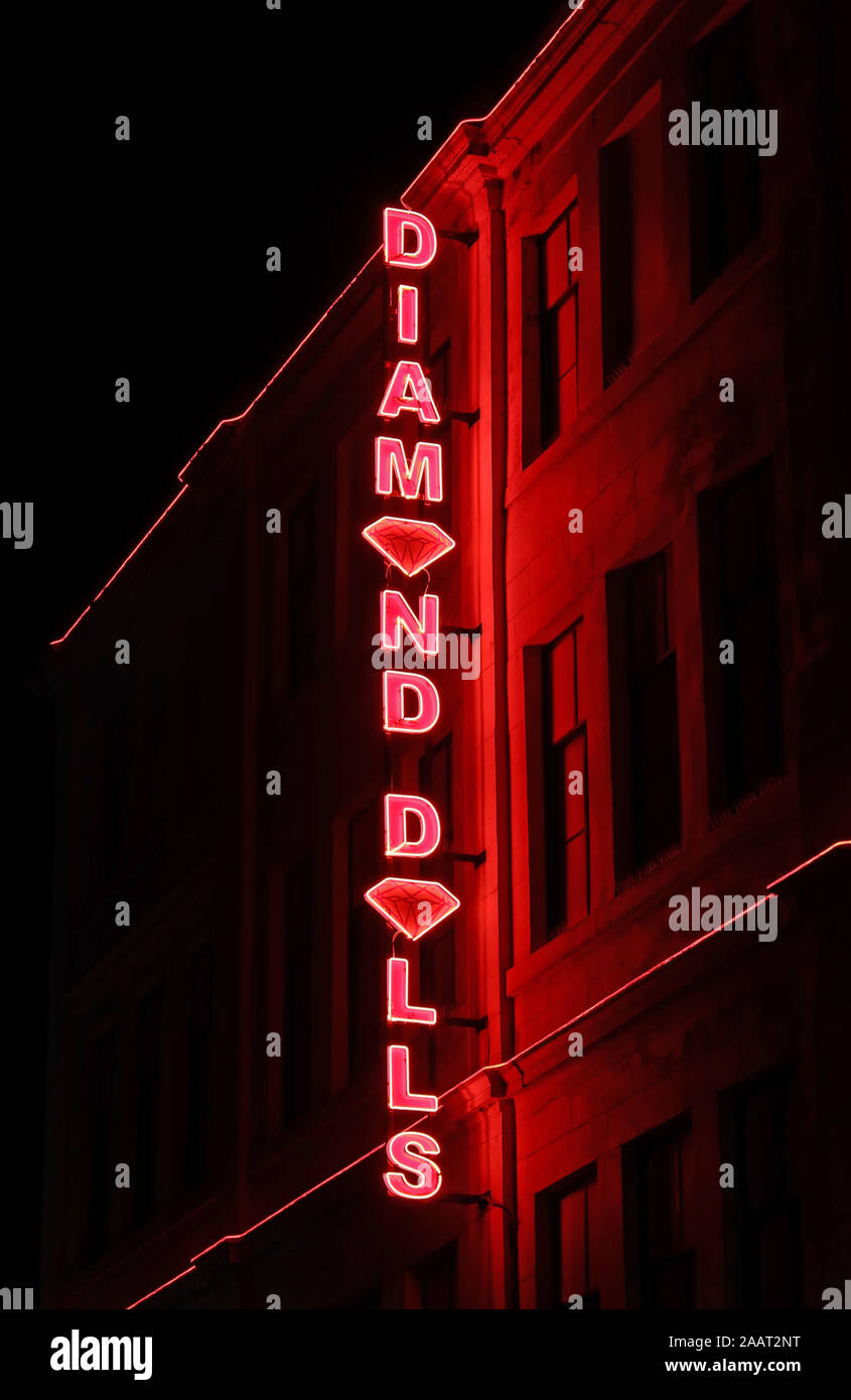 Red sign at Diamond Dolls lap dancing super club, emporium,nightclub,Mitchell St, Glasgow, G1, Scotland Stock Photo