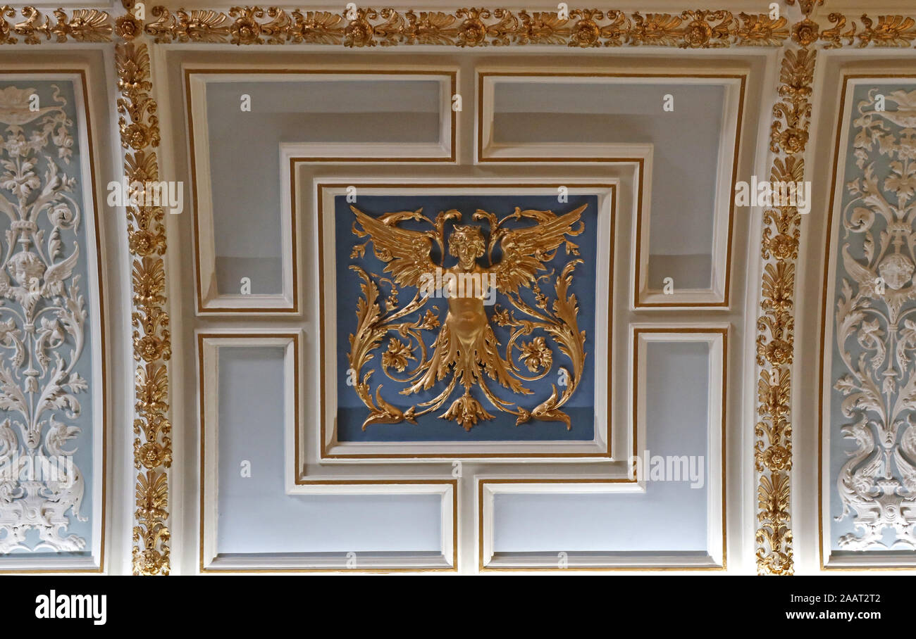 Winged & Crowned woman in gold, Alabaster and plaster-work ceiling of Glasgow City Chambers, George Square, Glasgow, Scotland,UK, G2 1AL Stock Photo