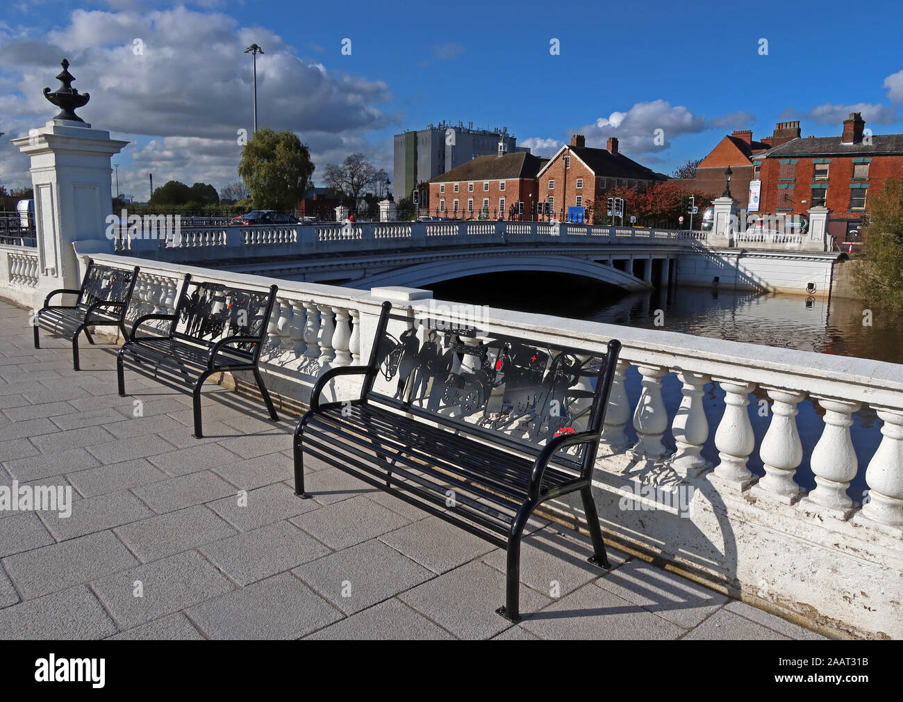 Cenotaph Benches Bridgefoot Warrington Oct 2019, WA1 1WA - High Tide and flooding of the River Mersey Crossing, Cheshire, North West England, UK Stock Photo